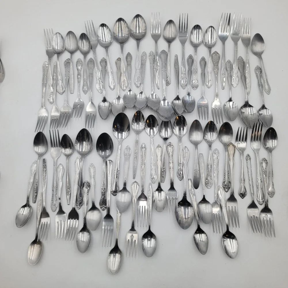 73pc Mixed Ornate Floral Flatware Lot Stainless Mismatched Spoons Forks Crafts